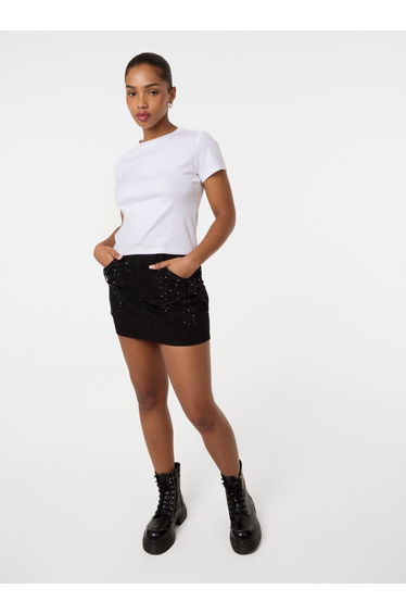 Diamante Bow Denim Mini Skirt