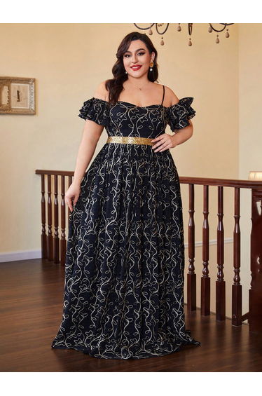 Leely Plus Women's Elegant Spaghetti Straps Cold Shoulder Party Dress