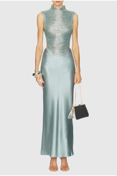 Fedde Fringe Satin Skirt Set In Sky Blue