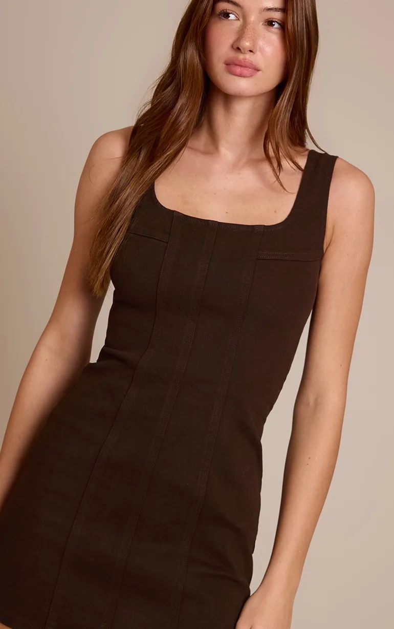 Chocolate Contrast Stitch Seam Detail Mini Dress - 3