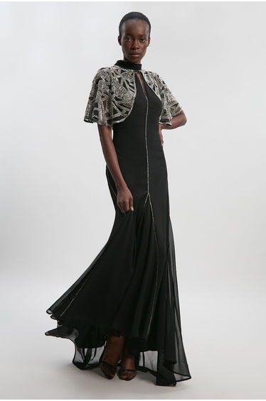 Crystal Embellished Cutwork Cape Detail Woven Maxi Dress