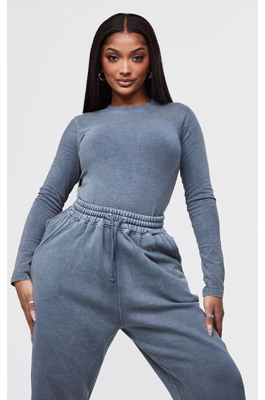 Shape Washed Charcoal Cotton Long Sleeve Crew Neck Bodysuit