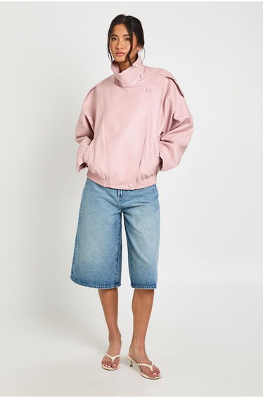 Faux Leather Funnel Neck Jacket - pink
