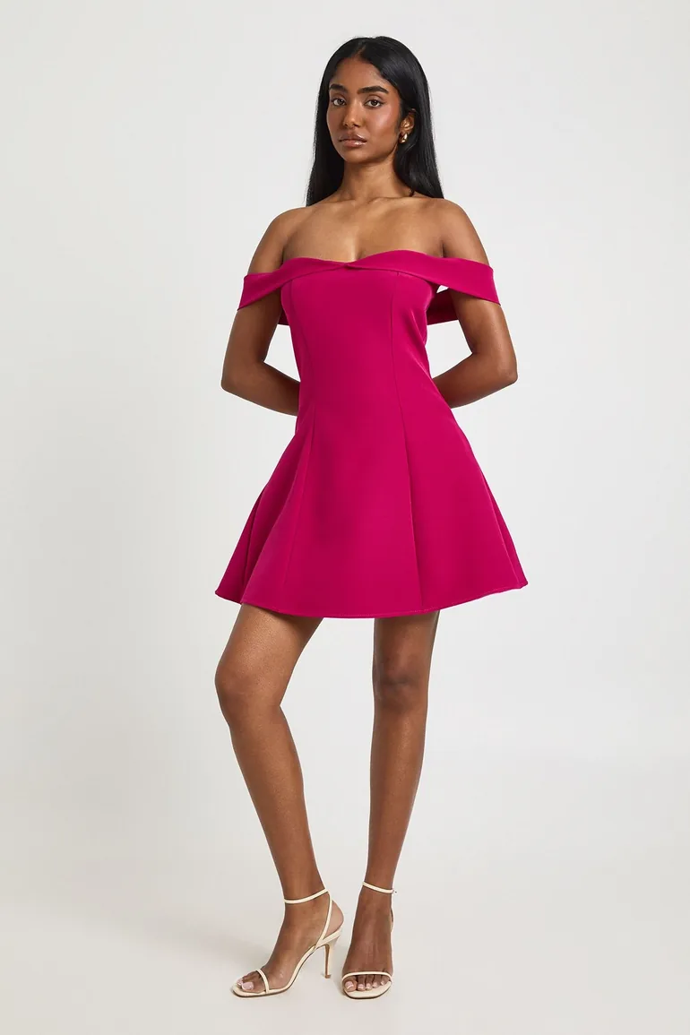 ready in a ruched off shoulder midi dress Bebe Women's Ruched Midi Dress, Size XXS in Brown Polyester/Elastane main image 0