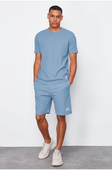Men's Blue Regular Fit Waffle Pajamas Set