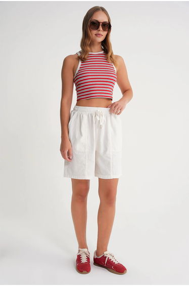 Mixray High Waist Cotton Drawstring Mini Shorts