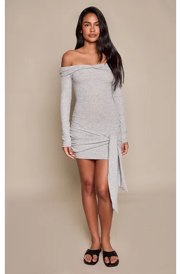 Grey Ribbed Bardot Wrap Detail Bodycon Dress