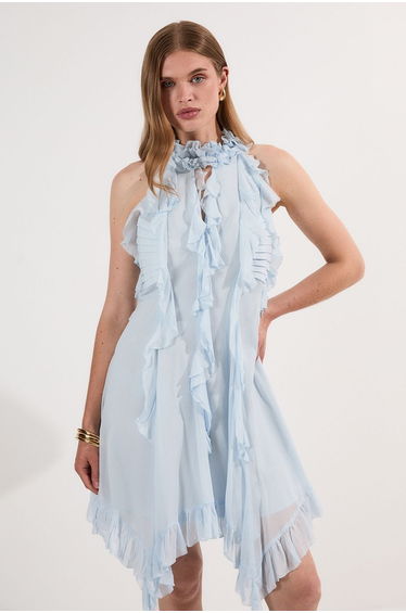 Viscose Georgette Ruffle Halter Neck Woven Top Mini Dress