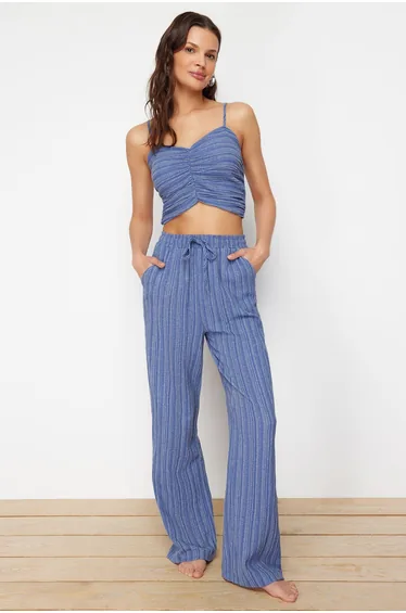 Blue Woven Blouse Trousers Set
