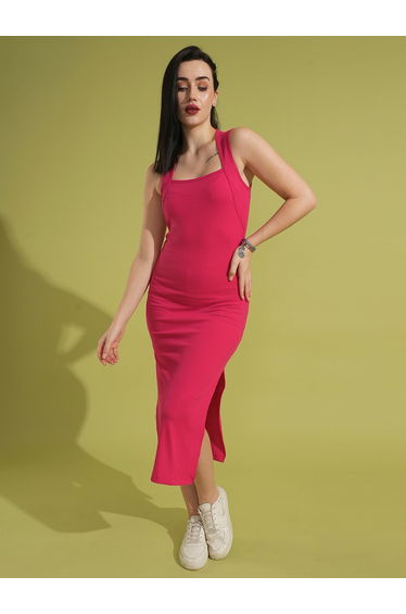 Women Pink Ribbed Square Neck Sheath Midi Dress with Side Slit