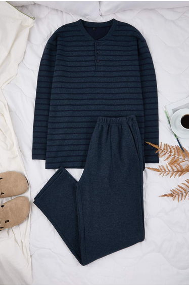Petrol regular fit textured striped button-down knit pajama set