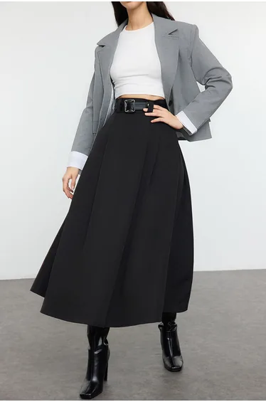 Black Pleated Maxi Length Skirt
