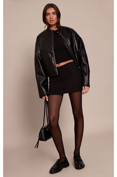 Black Brushed Rib Button Through Mini Skirt