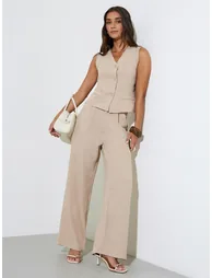 Beige Solid V Neck Waistcoat and Wide Leg Pants Co-Ords
