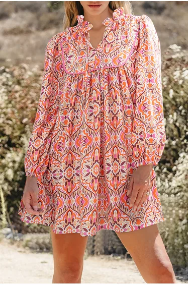 Lvness Khaki Abstract Printed Long Sleeve Tied Neckline Mini Dress