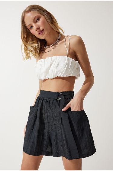 Women's Black Belted City Length Woven Shorts product thumbnail 3