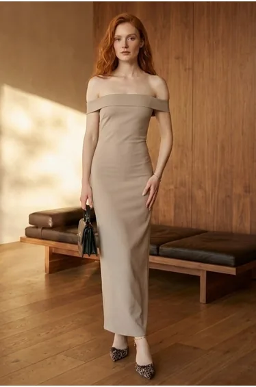 MY FASHION Off Shoulder Bodycon Maxi Dress with Slit