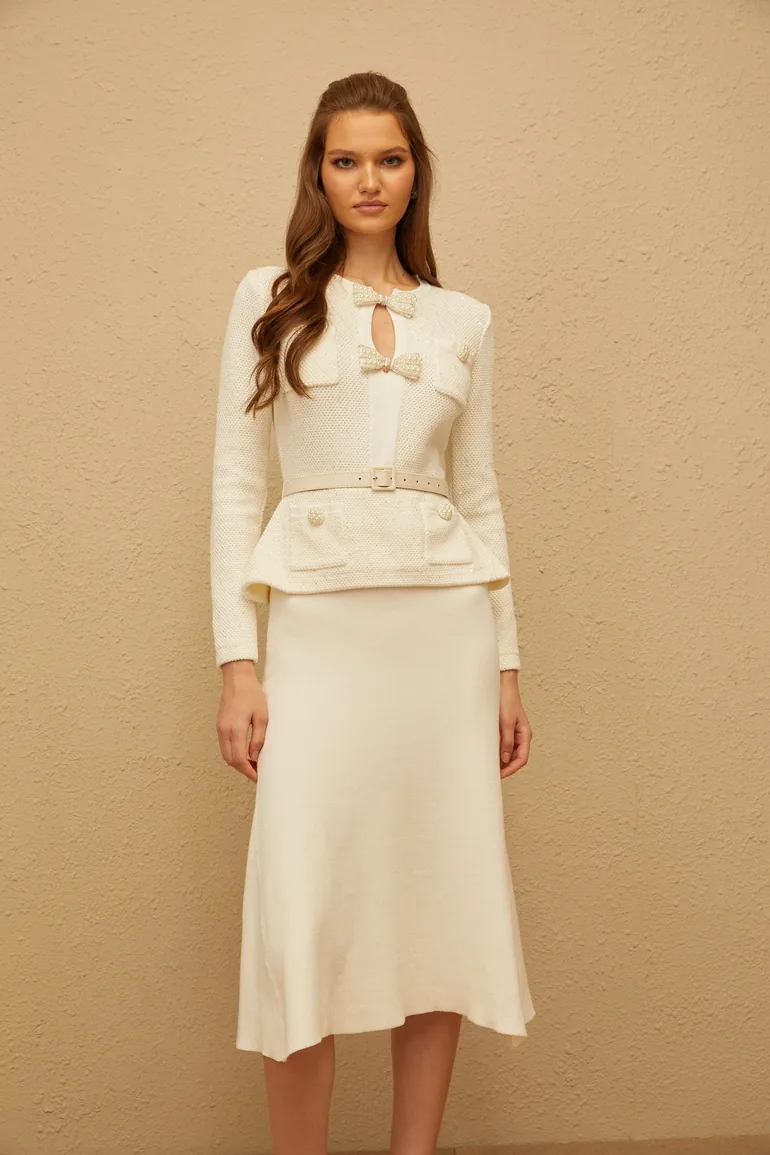 Adélade White Embellished Knit Midi Dress - 9