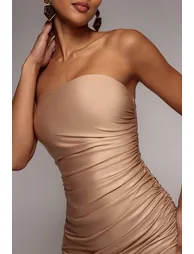 Bandeau Faux Leather Midi Dress - Beige by Goddiva - 2