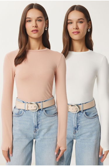 Women's Biscuit Ecru 2 Pack Crew Neck Basic Knitted Top