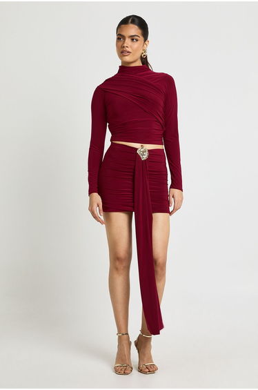 Double Layer Slinky Drape Front Trim Mini Skirt - burgundy