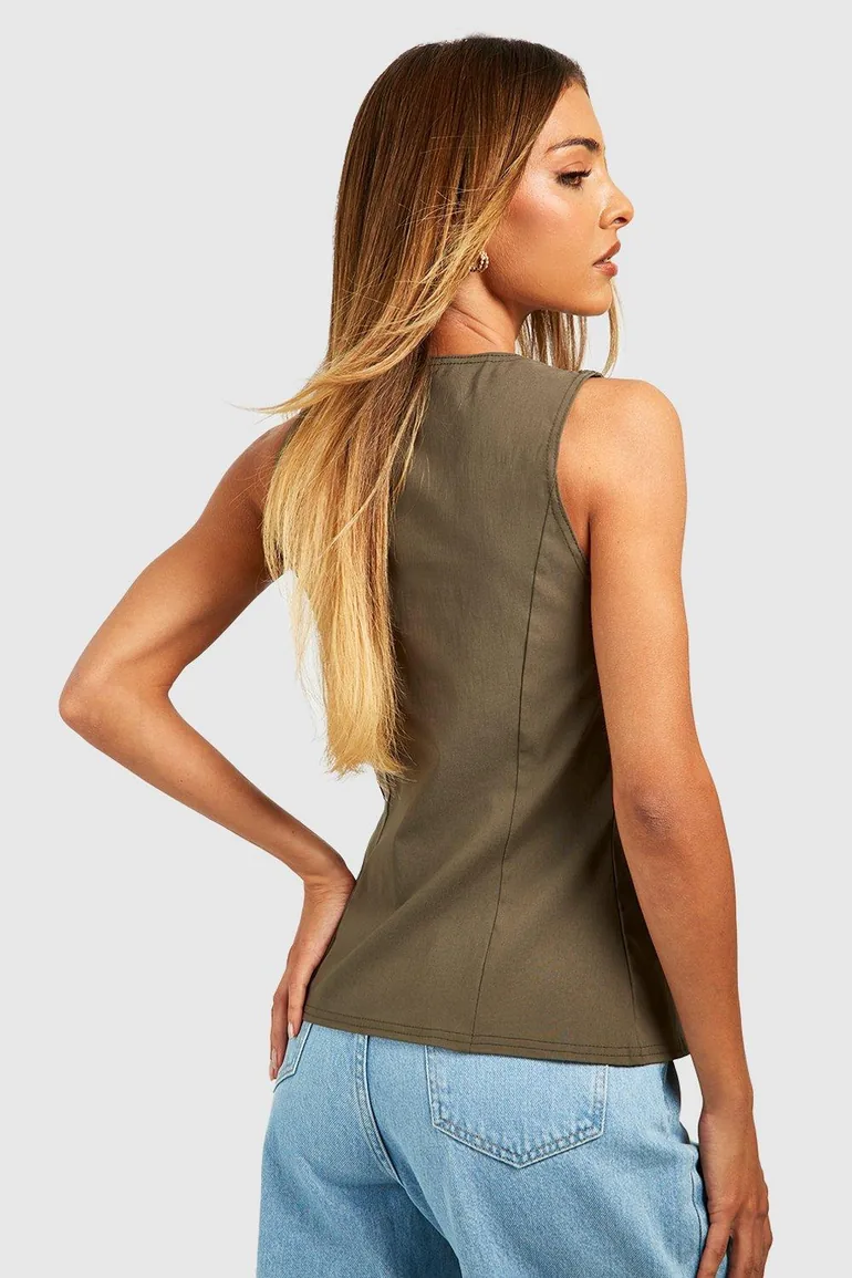 Self Fabric Button Front Waistcoat - khaki - 1