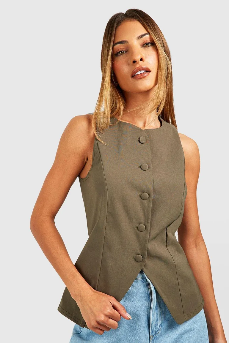 Self Fabric Button Front Waistcoat - khaki