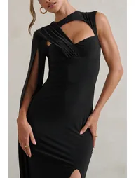 Emmey | Black Asymmetric Cut Out Maxi Dress With Statement Cape - 3