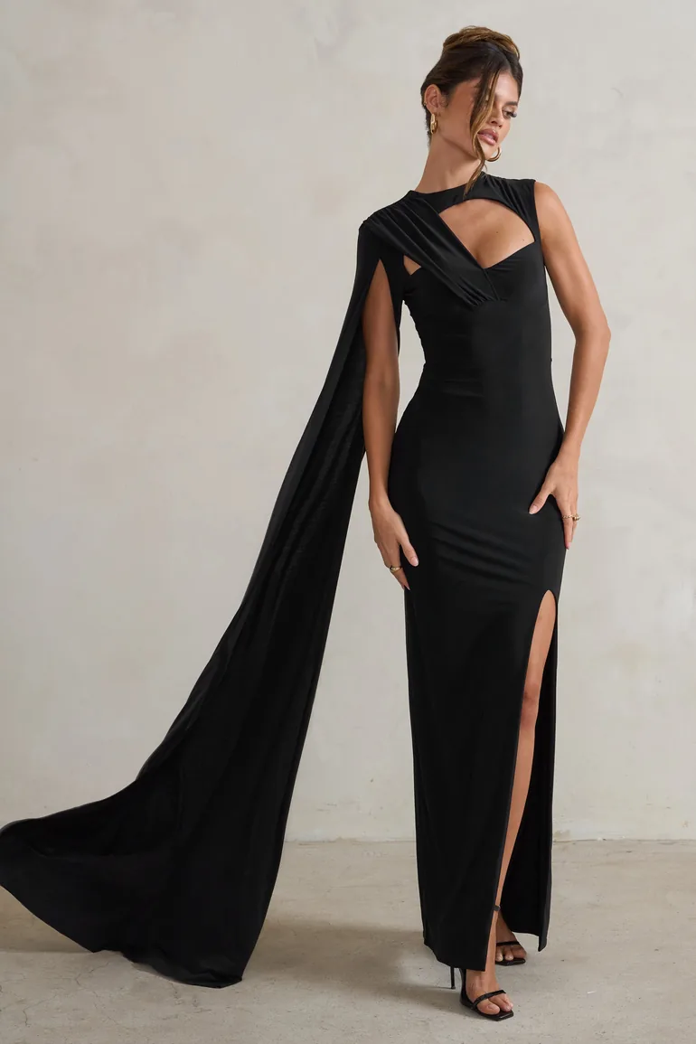 Emmey | Black Asymmetric Cut Out Maxi Dress With Statement Cape - 4