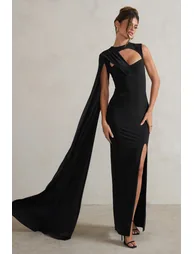 Emmey | Black Asymmetric Cut Out Maxi Dress With Statement Cape - 4
