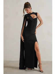 Emmey | Black Asymmetric Cut Out Maxi Dress With Statement Cape