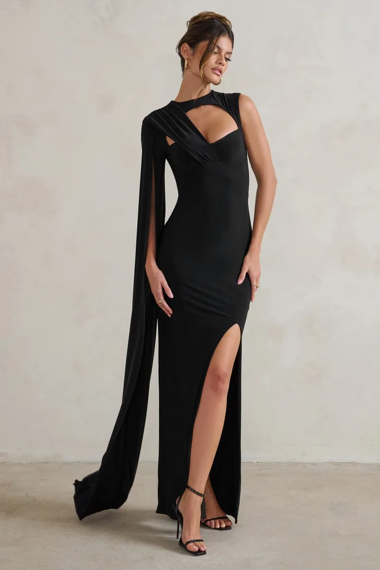 Emmey | Black Asymmetric Cut Out Maxi Dress With Statement Cape - 5