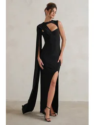 Emmey | Black Asymmetric Cut Out Maxi Dress With Statement Cape - 5