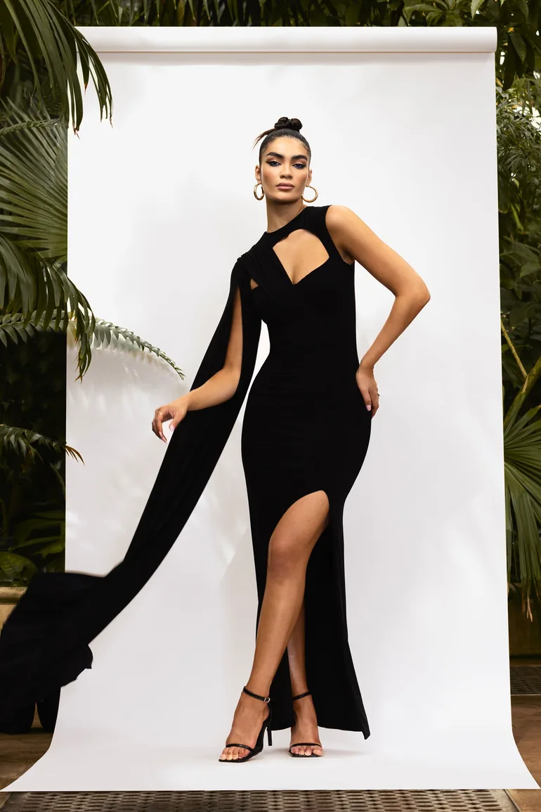 Emmey | Black Asymmetric Cut Out Maxi Dress With Statement Cape - 1