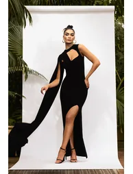 Emmey | Black Asymmetric Cut Out Maxi Dress With Statement Cape - 1