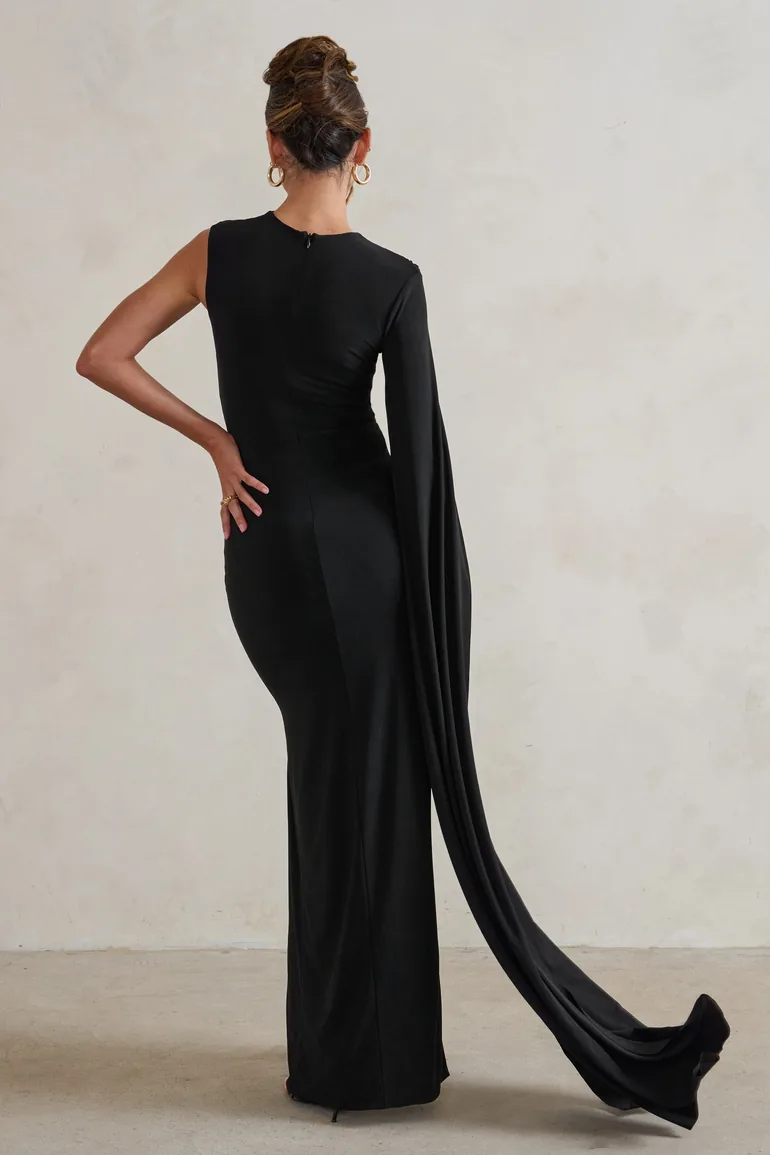 Emmey | Black Asymmetric Cut Out Maxi Dress With Statement Cape - 2