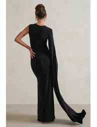 Emmey | Black Asymmetric Cut Out Maxi Dress With Statement Cape - 2