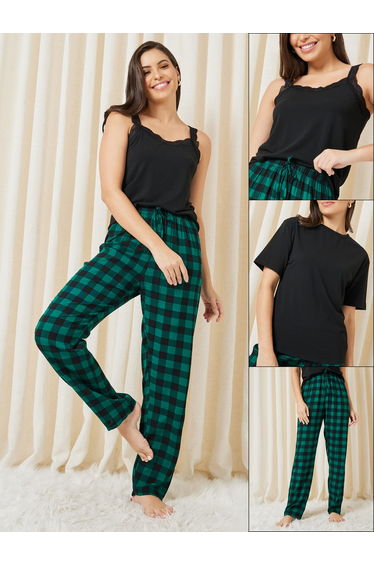 Pack of 3 - Lace Trim Cami- Solid T-Shirt and Checked Pyjama Set