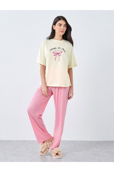 Paris Bow Graphic Drop Shoulder T-Shirt and Pyjama Set