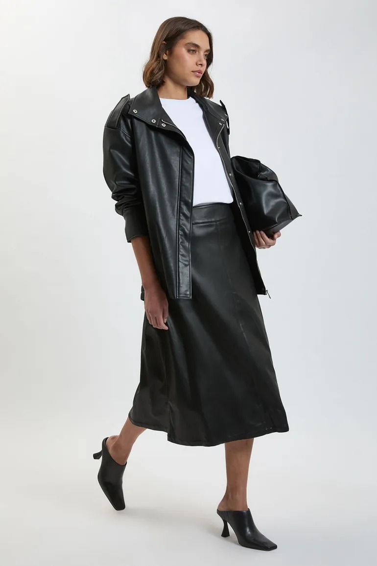 Faux Leather A Line Midi Skirt