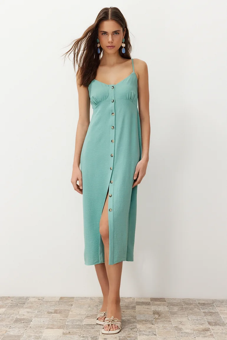 Shop Mint Straight Cut Midi Woven Button Detailed Dress Online in Bahrain