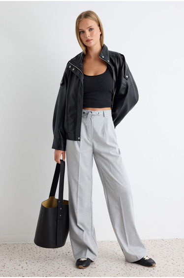 Gray Straight Cut Woven Trousers with Belt Detail
