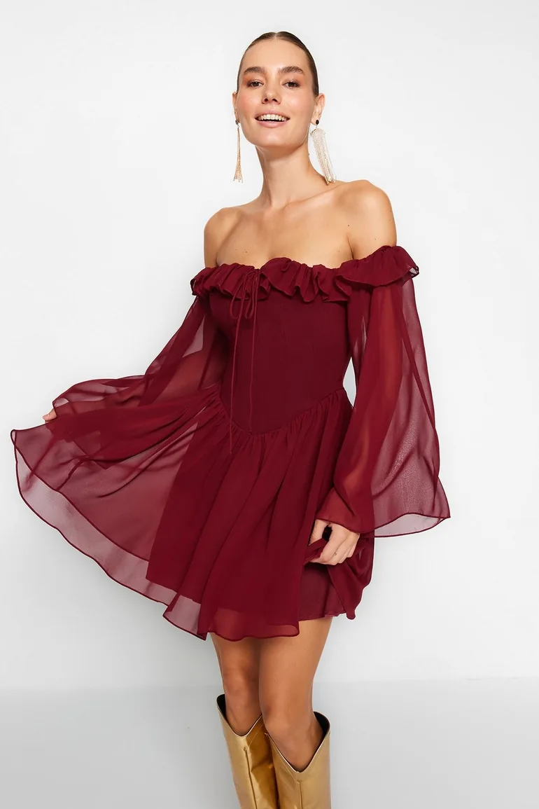 Shop Dress - Burgundy - Skater Online in Oman