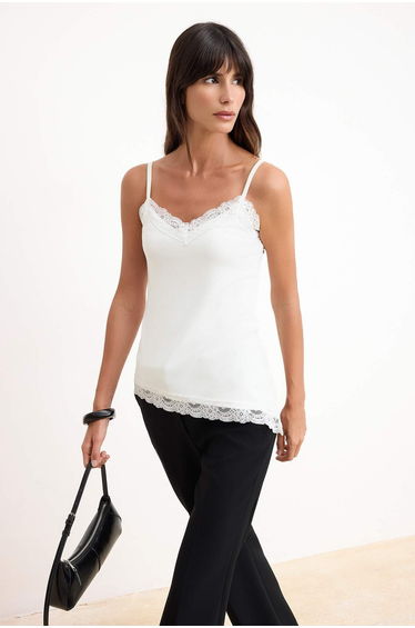 Ecru Regular/Normal Fit V-Neck Thin Straps Sleeveless Lace Detailed Tulle Knitted Blouse