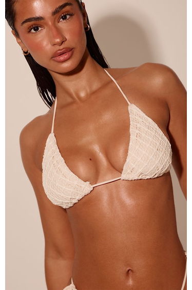 Cream Textured Jersey Triangle Bikini Top
