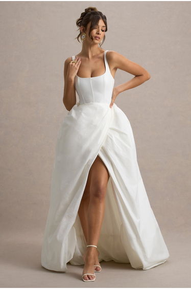 Infinite | White Strappy Maxi Dress With Volume High-Low Skirt