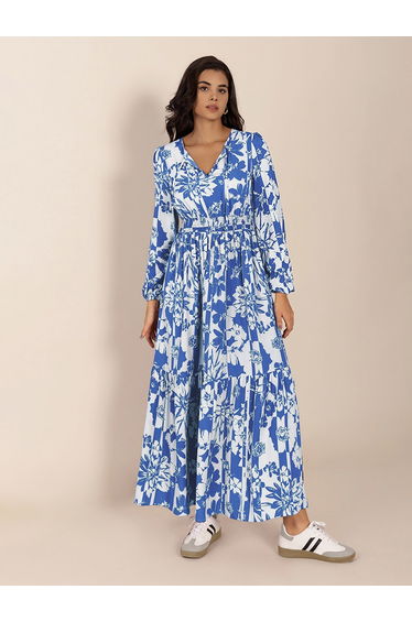 Women Blue Floral Printed Long Sleeve Maxi Dress