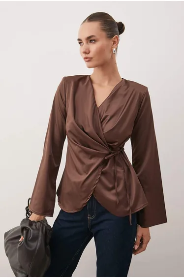 Dark brown satin double breasted woven blouse