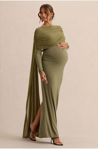 Annelia | Olive High-Neck Maternity Maxi Dress With Sash Detail