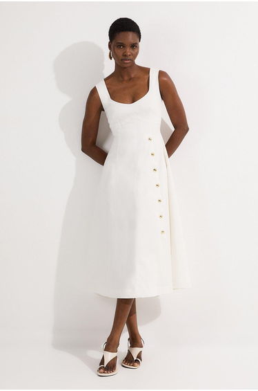 Tailored Denim Sleeveless Full Skirted Midi Dress